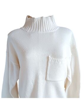 Mock Turtleneck Vintage Large Women's Sweater Ivory/White Acrylic 1980's Pocket